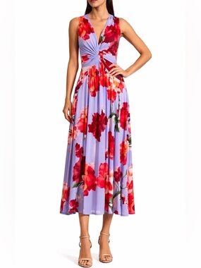 Calvin Klein Periwinkle Floral Midi Dress 6 Twist Front Fit Flare NWT
